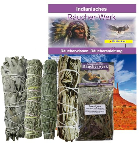 Weißer Salbei + SWEETGRAS + BEIFUSS + Yerba Santa + ZEDER zum räuchern 8-TLG Räucher-Set für RAUHNÄCHTE & energetische Reinigung. Mit Anleitung, Beschreibung, Booklet 81014