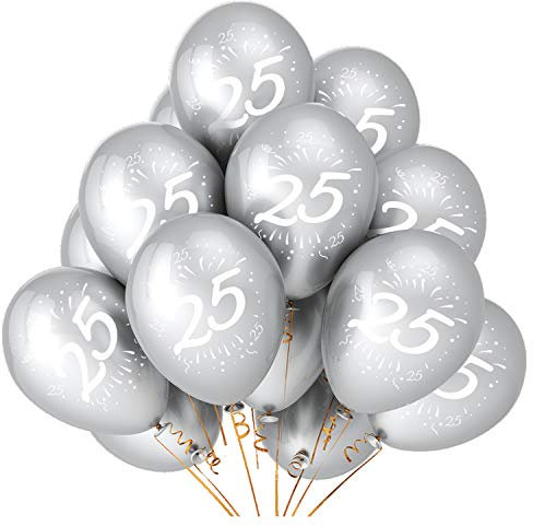 Oblique Unique® Luftballon Set Zahl 25 für Geburtstag Silberhochzeit silberne Hochzeit Feier Jubiläum Party 10 Deko Ballons Silber Weiß