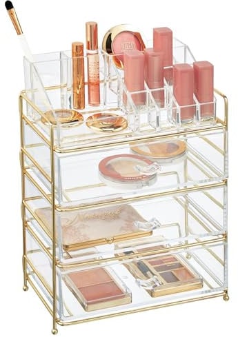 mDesign Makeup Organiser – Cosmetic Storage Unit with 16 Compartments and 3 Sliding Drawers – Makeup Holder for Lipstick, Nail Varnish, Eye Shadow, Brushes and More – Gold/Clear