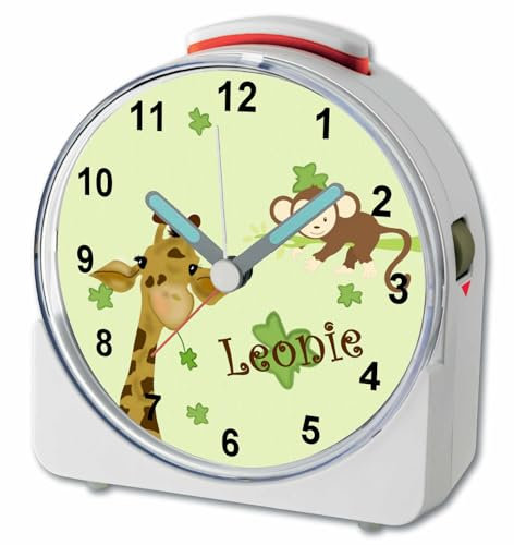 CreaDesign, WU-71-1077, Giraffe-AFFE, analog Kinderwecker weiß, Funkwecker mit Sweep-Uhrwerk und fluoreszierenden Zeiger und Licht, personlisiert mit Namen, 10,2 x 4,6 x 11 cm
