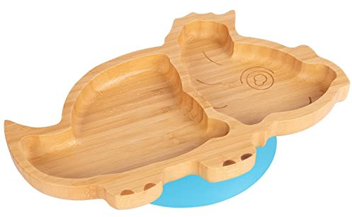 Tiny Dining Baby Plate with Suction Cup - Dinosaur - Blue - Divided Non-Slip Bamboo Self-Feeding Baby Weaning Plate for Babies, Toddlers, Children