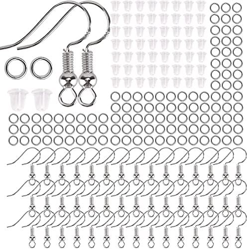 AIEX 300 PCS Earrings Making Supplies Kit 925 Silver Plated Earring Hooks Hypoallergenic Ear Wire Hooks for DIY Earring Making with Clear Earring Safety Backs and Jump Rings