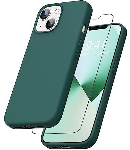 YATWIN Liquid Silicone Case Compatible for iPhone 13 with Tempered Glass Screen Protector, Slim Flexible Soft Full Body Shockproof Phone Case Compatible for iPhone 13 - Pine Green