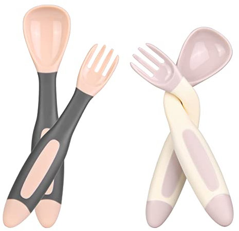 Vicloon Cuchara y Tenedor para Niños,4PCS Juego de Cubiertos para Niños Pequeños con Mango Flexible, Cuchara Giratoria con Variación de Temperatura para Bebés de 6 Meses+
