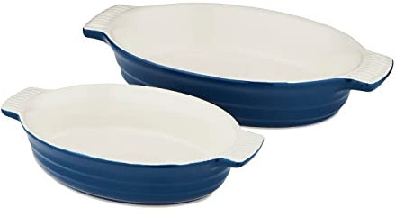 Barbary & Oak BO875002BLU Foundry Ceramic Oval Oven Dish with One Large and One Small Dish, Limoges Blue
