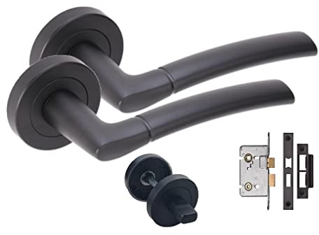 Golden Grace Indiana Lever Latch Door Handles on Rose, Matt Black Finish | Includes 64mm bathroom mortise lock, thumbturns, spindle and fixing screws; sturdy metal construction for privacy doors.