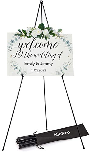 Nicpro Folding Easel for Display, 63 Inch Metal Floor Easel Stand Tripod Black Portable for Artist Poster Wedding with Carry Bag