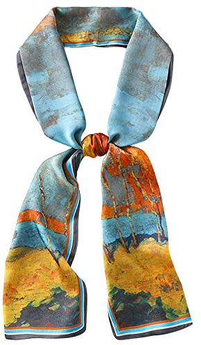 Camilife Damen Mädchen Kunstseide Langer Schmaler Schal Halstuch Elegant Krawatte Schal Haarband Haarschmuck Gürtel 15×150cm - Landschaft Ölgemälde Muster Blau