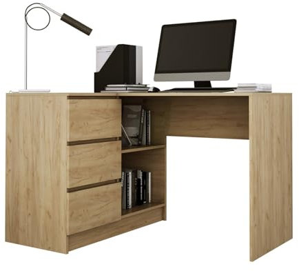 3xEliving Lynna Schreibtisch B16 Links Eiche Craft Kleiner Eckschreibtisch mit DREI Schubladen, Linke Seite, Maße: Höhe: 77 cm, Breite: 124,5/85 cm, Tiefe: 45/48,5 cm