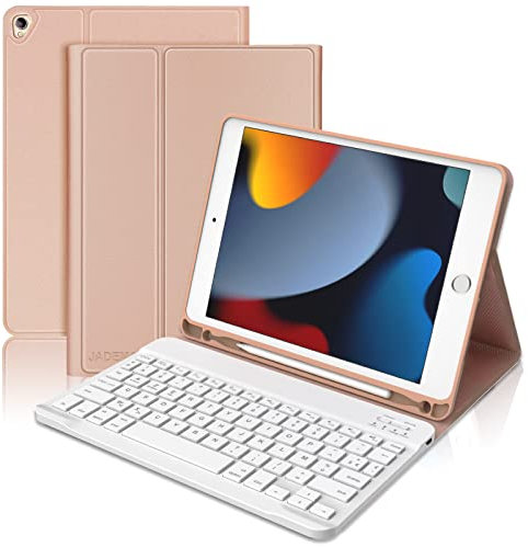 JADEMALL Coque Clavier pour iPad 9ème Generation 2021/8ème Generation 2020/7ème Generation 2019/ iPad Air 3, AZERTY Clavier Bluetooth Détachable avec Pen Holder, Rose