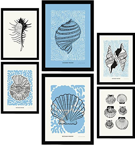 Nacnic Set di 6 poster a inchiostro nero. Conchiglie rotonde. Stampe artistiche del mare e dell'oceano per l'arredamento e la decorazione d'interni. A3 & A4, senza cornici.