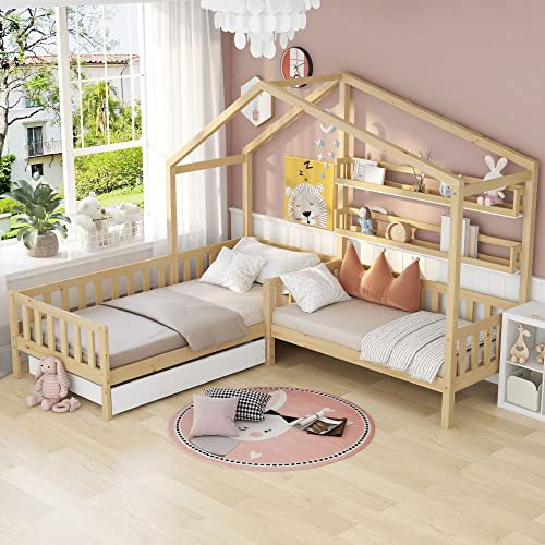 Hausbett Tagesbett Einzelbett Bank mit Schubladen und Regalen, All-in-one L-Struktur Banksofa, Massivholzbett in Dachfrom mit Zaun und Lattenrost, Natur Holzfarbe 90 x 200 cm Bett +140 x 70 cm Bank