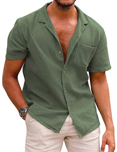 COOFANDY Men's Linen Shirts Short Sleeve Summer Holiday Shirts for Men Button Down Beach Tops with Pocket - Army Green S