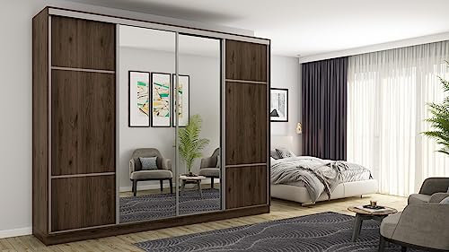 eMeblast - viertüriger Kleiderschrank - 300x244x65cm- Schiebetüren - Schlafzimmer - Wohnzimmer - Garderobenschrank - Kleiderstangen - Geräumige Schubladen - Einlegeböden Silver/Nuss Okapi mit Spiegel