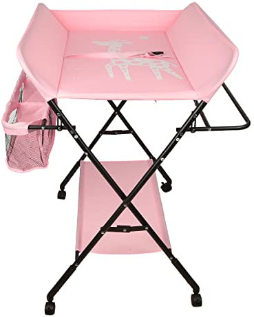 Baby Wickelkombi - klappbare Wickelkommode, mobiler Wickeltisch mit Wickelauflage, Sicherheitsgurt und Ablagefächern- 80 * 66 * 98cm (Rosa)