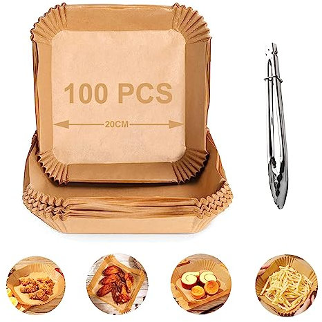 Nutabevr 100pz Papel Para Freidora de Aire 20Cm Cuadrado Con Clips de Comida - Forro Desechable Para Freír, Hornear, Cocinar, Prueba de Aceite y Asar a la Parrilla