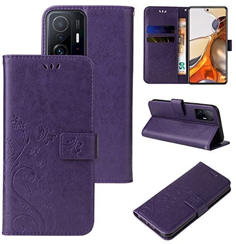 LBH Handy Hülle für Xiaomi 11T / 11T Pro Case Handytasche Schmetterling Blumen Flower Standfunktion Schutzhülle Magnet Rundum Schutz 360 Grad Flipcase Cover Violett