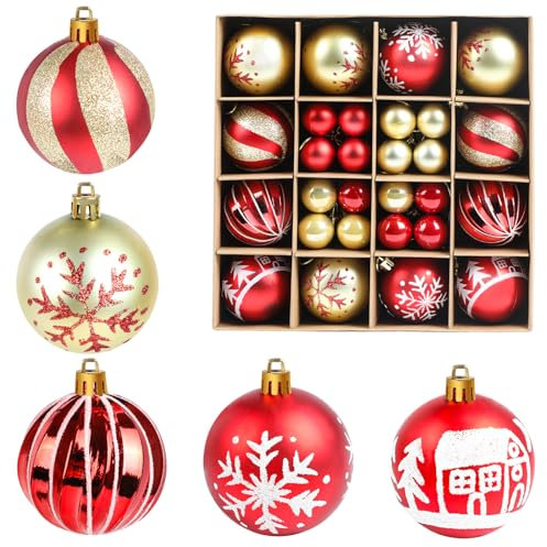 JOFONY Weihnachtsbaumkugeln,44 Stück Weihnachtskugeln Set,6cm und 3cm Christbaumkugeln Weihnachtsbaumschmuck Weihnachtskugeln Rot und Gold baumkugeln für Indoor Outdoor Weihnachtsbaum Deko