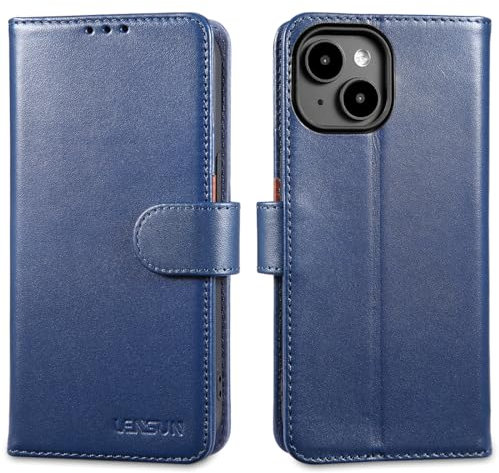 LENSUN Echtleder Hülle für iPhone 15, Handyhülle Echt Leder [Magnetverschluss][Kartenfach] Handytasche Schutzhülle Lederhülle Kompatibel mit iPhone 15 5G - Blau
