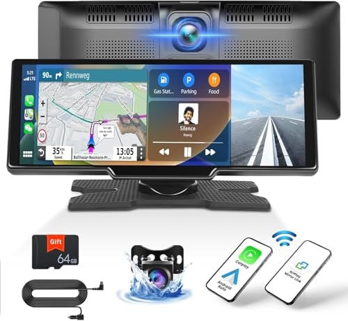 CAMECHO Wireless Apple Carplay Android Auto Tragbarer Autoradio mit Dash Cam & Rückfahrkamera, 9,3 Bildschirm Carplay Display mit Bluetooth Mirror Link GPS FM Siri Google+ 64G TF-Karte Autoladegerät