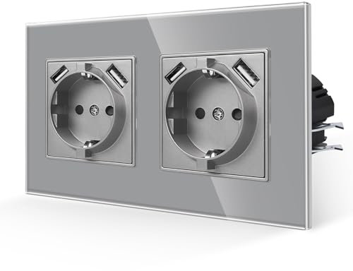 JIMEIDA Enchufes Dobles con USB en Gris,Enchufes de Vidrio de 16Amp con Carga Rápida USB A Enchufe de Pared al Ras-157 * 86mm,250V