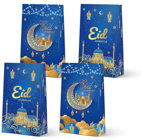KALEFO Eid Mubarak Geschenktüten, Ramadan, muslimisches Zubehör, Leckerli-Tüten, Tischdekorationen für Party, Geburtstag, Blau, 24 Stück