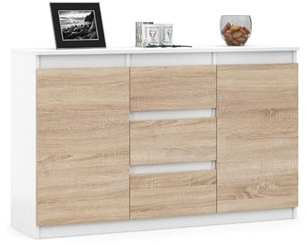 VBChome Kommode 120 x 35 x 75 cm mit 3 Schubladen und 2 Türen Weiß - Eiche Sonoma Grifflose Schubladenkommode Mehrzweckschrank für Flur Schlafzimmer Wohnzimmer