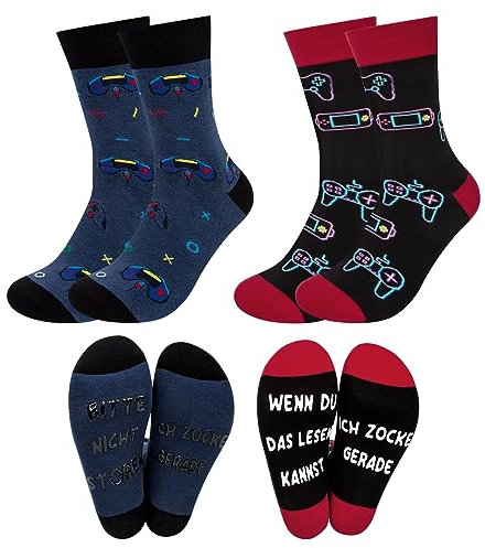 2 paar Lustige gaming Socken Geschenke für Männer gamer Anti-Rutsch Neuheit Socken Herren(B-schwarz+dunkelblau)