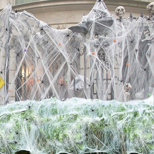 Halloween Deko Spinnennetz,60g Dehnbare Halloween Spinnennetz mit 20 Stück Realistische Kunststoff Spinnen Halloween Outdoor Spinnennetz Halloween Spinngewebe für Halloween Party Garten Gruselig Deko