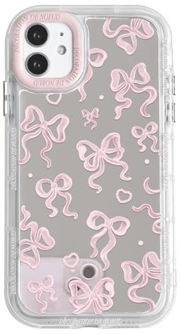 NITITOP Kompatibel mit iPhone 11 Hülle Cute Süßes Bow Schleife Spiegel Liebe Herz Glitzernd Muster und Fliege Frauen Mädchen Stoßfeste Glänzende Handyhülle - Blass Rosa Bowknot