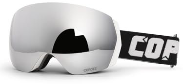 COPOZZ H2 Skibrille, Hyperbolische OTG-Schneebrille, Antibeschlag- und UV-Schutz, Austauschbare Linse, Snowboardbrille für Erwachsene Herren Damen–Schwarzer Rahmen, Silberne Linse (VLT 8,8%)