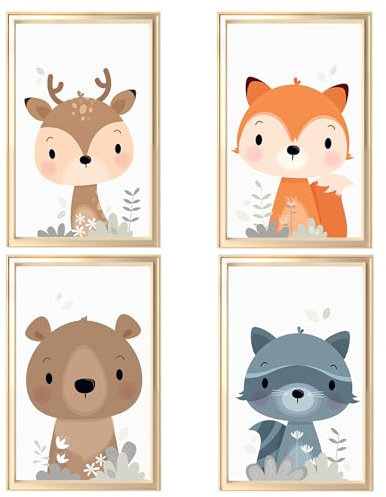 Poster Kinderzimmer Tiere Beige, A4 Bilder Babyzimmer Waldtiere Deko Natur Poster Set 4er Tiere, Kinderposter Junge, Mädchen, Wandbilder Premium Wandposter, 21 x 30 cm - Ohne Rahmen