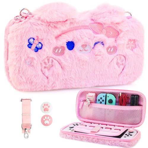 PAWDIARY Borsa da trasporto in peluche rosa con gatto per Nintendo Switch e console OLED, custodia da viaggio portatile con simpatico cartone animato, borsa da trasporto per ragazza con tracolla,