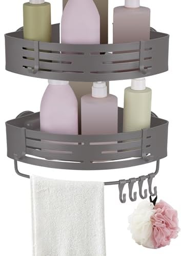 ANMEISH 2 Pcs Suction Cup Shower Caddy, Aluminium Corner Bathroom Shelf, No-Drilling Tidy Shower Organizer with Towel Bar and Hooks, Removable Wall Mounted for Shampoo Razors(Grey)