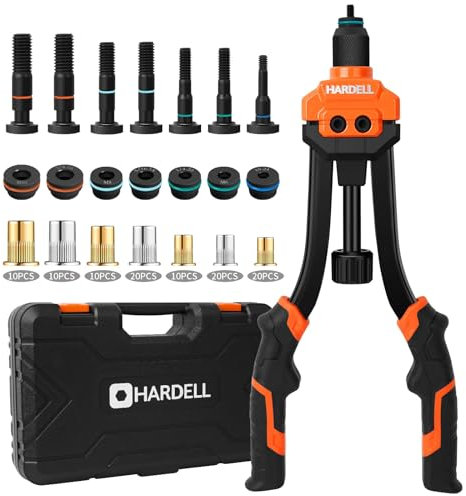HARDELL Rivettatrice Manuale per Rivetti Filettati, 14 Pistola per Rivetti con 100 Dadi e 7 Mandrini (M6, M8, M10, 1/4-20, 5/16-18, 3/8-16, 10-24), Kit con Valigetta (35 cm)