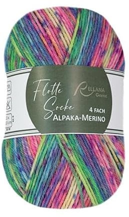 Rellana Alpaka-Sockenwolle, 4-fädig, 100 g, 420 m Lauflänge, 15% Alpaka, Nadelstärke 2-3 mm (3074 pink-lila-grün-gelb)