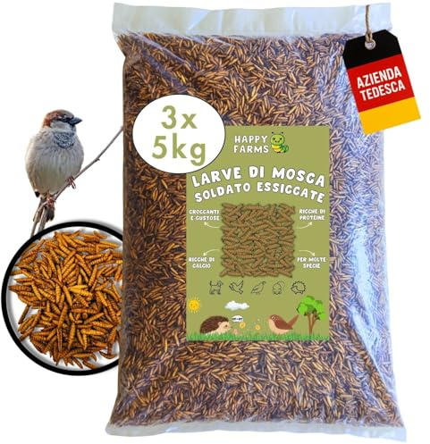 HappyFarms Larve di Mosche Secche – Più Calcio Dei Vermi della Farina. 15 kg di Cibo per Uccelli Selvatici, Pesci e Ricci