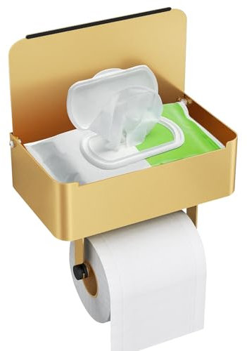 Toilettenpapierhalter mit Feuchttücherbox, Gypie Klopapierhalter Gold Matt, Wc Papier Halterung mit Ablage, Rostfrei 304 Edelstahl Klorollenhalter zum Bohren für Badezimmer, 3-IN-1 Multifunktion