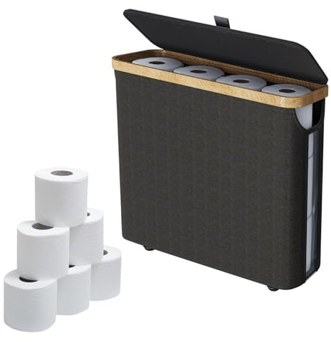 HIKENRI Toilet Paper Storage Basket,Toilet Roll Storage Basket with Lid,Bamboo Toilet Roll Basket Holder Organiser,Toilet Roll Storage Box,Free Standing Toilet Paper Container with Storage(Black)