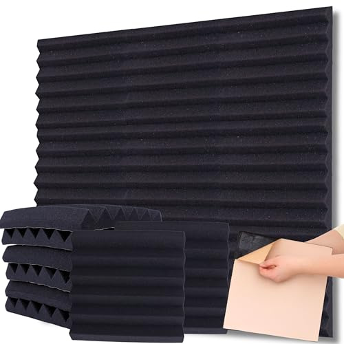 Self-Adhesive Acoustic Wall Panels 36-Pack covers 34.98 ft² (3.24m²) - Wedge Style Peel and Stick Sound Proofing Panels 12x12x1.7In (30x30x4.5cm) for Echo & Noise Absorption in Recording Studio, Black
