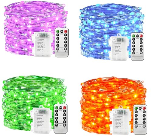 plainshe Lichterkette Batterie - 4 Stk Blau/grün/lila/orange, 10m 100 LED Silberdraht Micro Lichterkette Außen Wasserdicht 8 Modi Fernbedienung Timer für Weihnachtsbaum Außen Innen Garten Hochzeit t