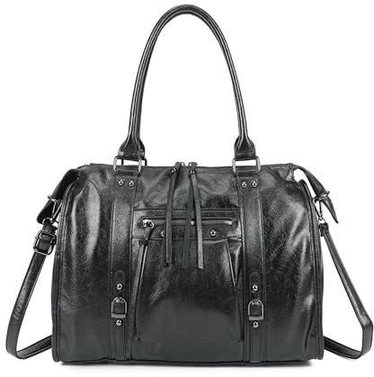 Double Tree Sac à Main Cabas Femme Irisé Pour Les Cours - Sac Bowling Fourre-Tout Travail Format A4 - Similicuir Brillant Détails Argenté ou Doré - Chic Tendance - Noir