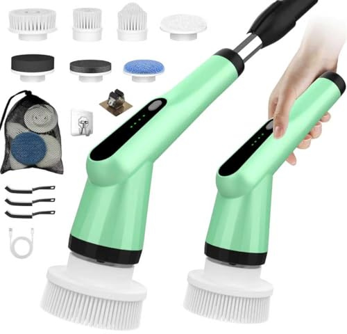 Elektrische Reinigungsbürste, Electric Cleaning Brush mit 7 Wechselbürsten, IPX7 wasserdichte Putzbürste Elektrisch,Verstellbarem Griff Elektrische Bürste für Bad Fliesen Küche Boden Auto Grün