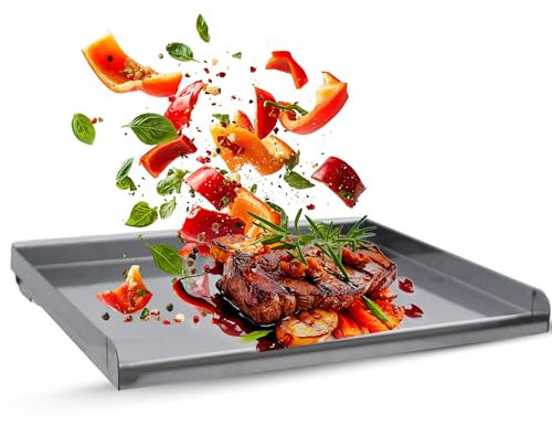 Muntel Universelle Edelstahl Plancha Grillplatte,Backblech für BBQ-Grill mit Fettablauf, Spülmaschinenfest inkl. für BBQ Gasgrill & Kohlegrill Geeignet. Silber, 48X 42CM