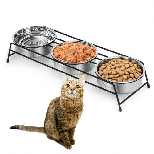 HUNIGIR Raised Cat Bowls Dog Cat Feeder Holders 3 Stainless Steel Elevated Pet Water Food Bowls for Cats Puppies Rabbits