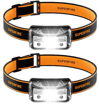 SuperFire LED Stirnlampe Wiederaufladbar USB Ladekabel, 2 Stück,2000lm Kopflampe LED Licht & Sensor,Dimmbar Weiß/Rot/Gelb, Leicht 45g, IP45 Wassergeschützt für Outdoor, Reparaturen, Joggen, Laufen
