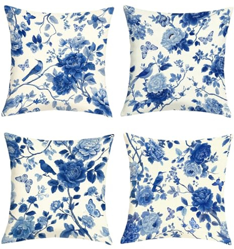 Joymaison Kissenbezüge 45x45 4er Set Blaue und Weiße Porzellan Blumen Vögel | Deko Kissenhülle Vintage Chinesisches Blume Kunst Moderne Outdoor Dekorative Kissenbezug Kissen für Couch Sofa