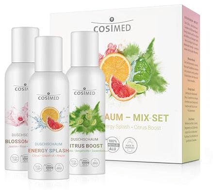 cosiMed Duschschaum Mix Set – 3 × 100 ml | Blossom Wood, Citrus Boost & Energy Splash | Cremige Pflegedusche mit blumigen & frischen Düften | Vegan & dermatologisch getestet
