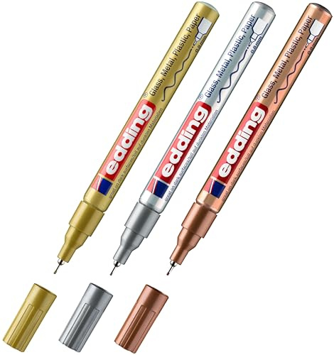 edding 780 Glanzlackmarker - - Packung mit Lackmarker - extra-feine Rundspitze 0,8 mm - Lackstift für Glas, Stein, Holz, Kunststoff und Papier - wasserfest (3 Stifte - Gold Silber Kupfer)