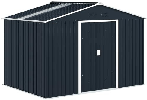 Outsunny Abri de Jardin Acier Galvanisé XXL 5,4 m² 277x195x192cm Gris Foncé | Cabanon Jardin Extérieur, Kit de Fondation, Toit en Fibre de Verre, Potres Coulissantes, 4 Aérations